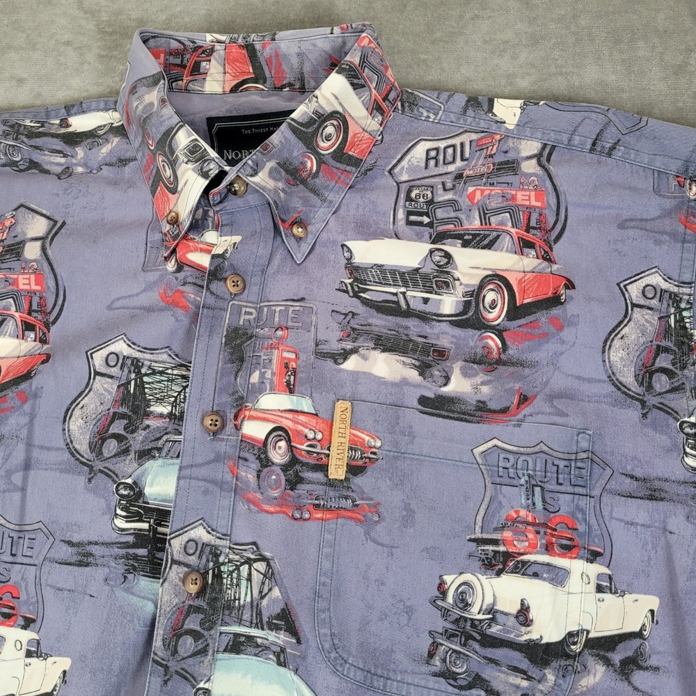 North River Mens Route 66 Classic Car Print Button Down Shirt Blue Short Sleeve - Picture 2 of 6